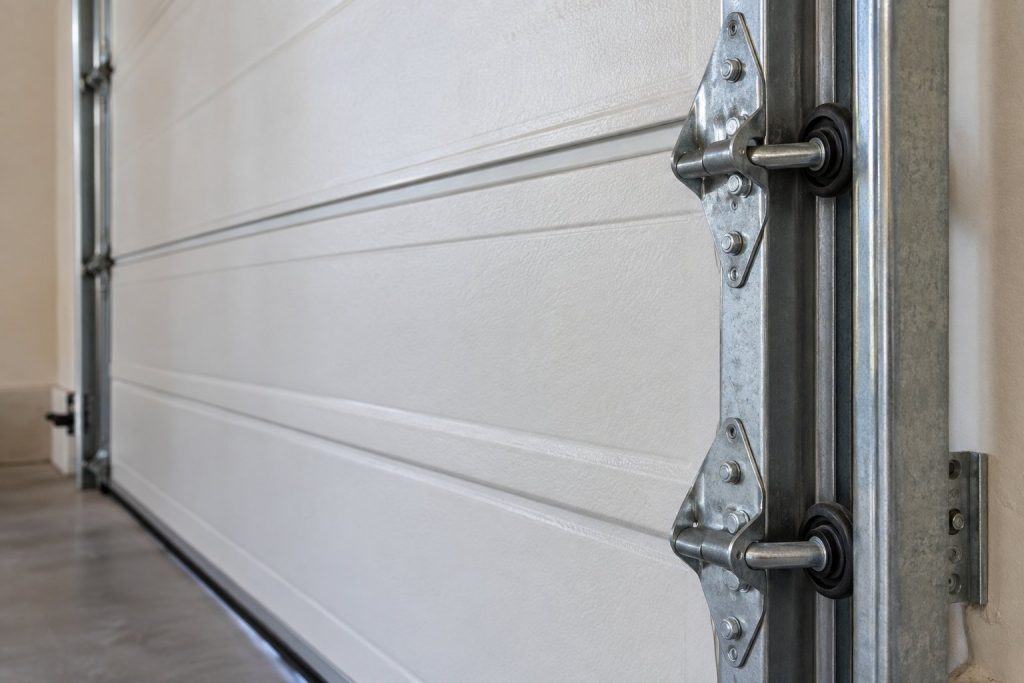 Sectional garage door hinges, rollers and track