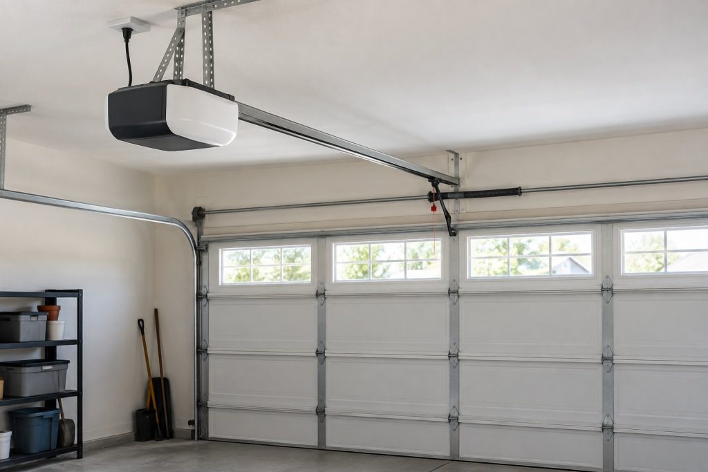 Ceiling-mounted garage door opener and rail