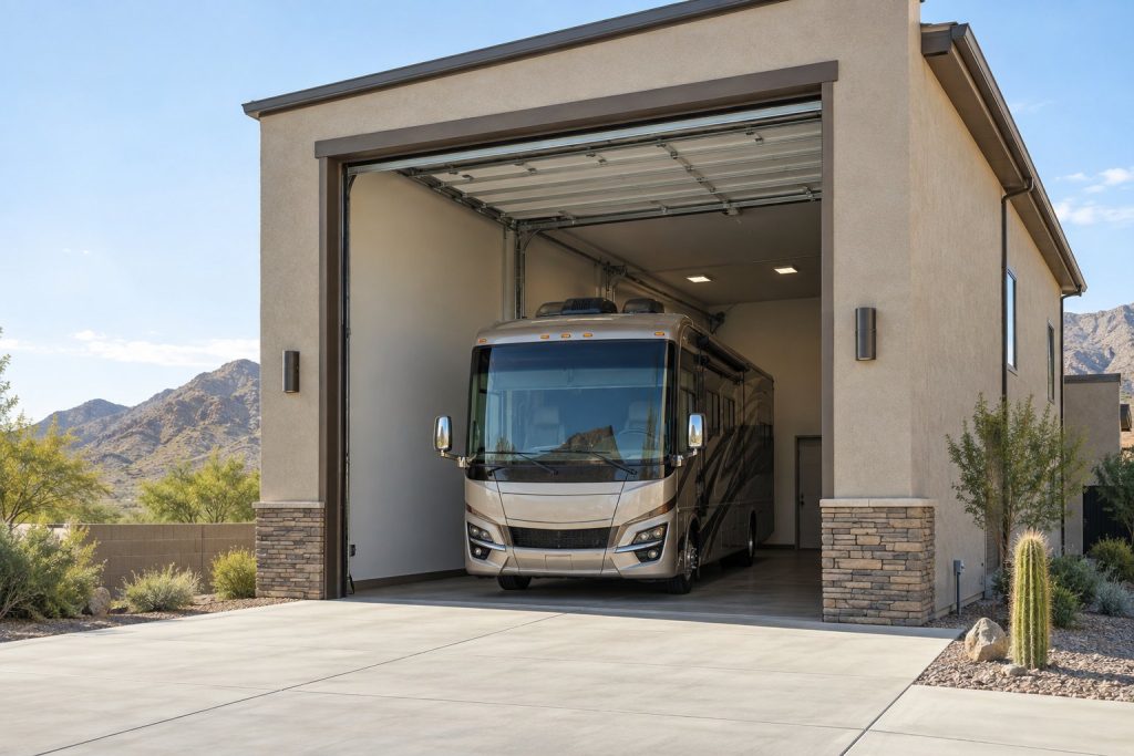 Motorhome in a tall garage bay